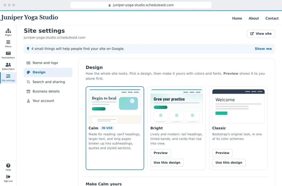 Site settings: the design and its colors