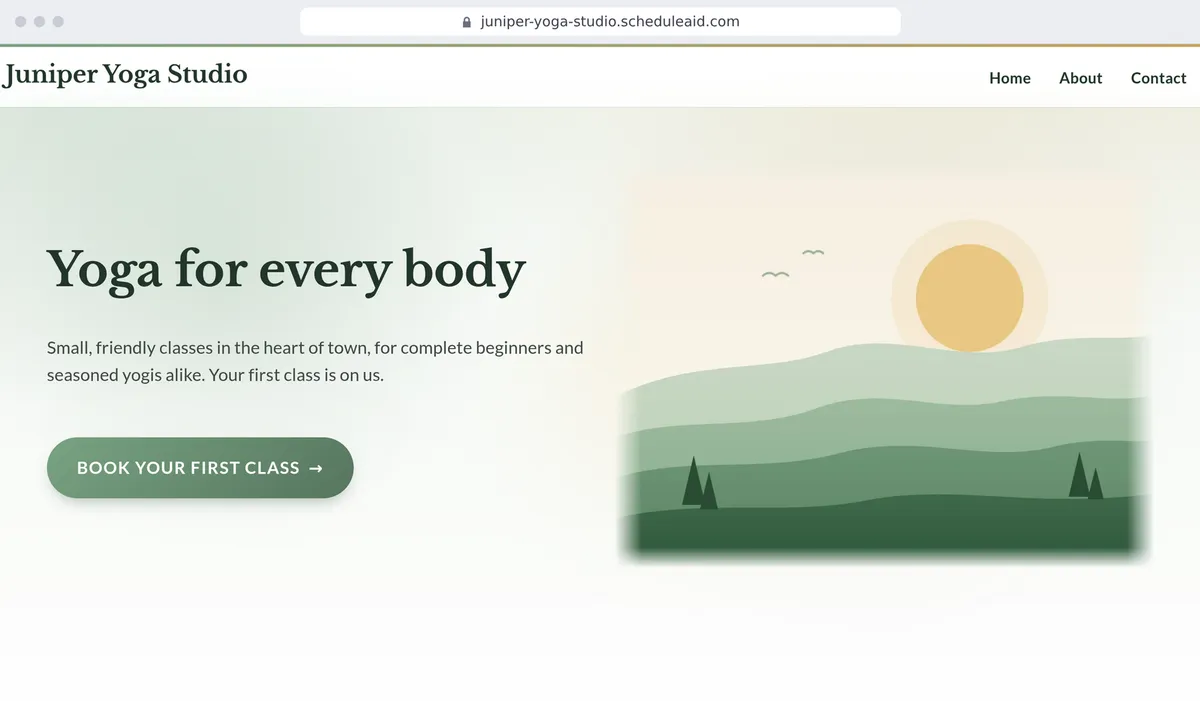 A site made with ScheduleAid in its first minutes: Juniper Yoga Studio's home page