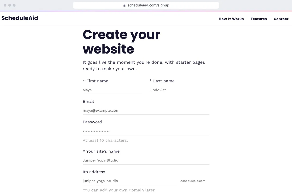 The sign-up form, filled in for Juniper Yoga Studio