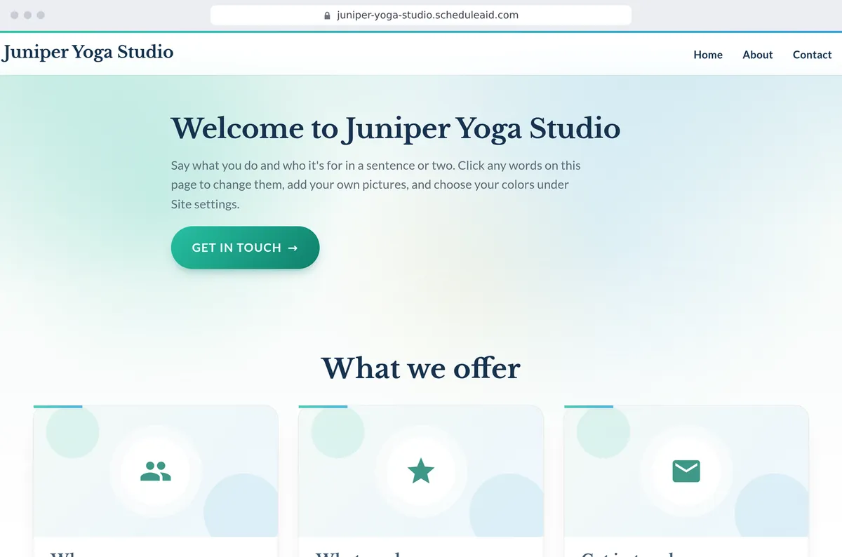 Juniper Yoga Studio's new site, as visitors see it